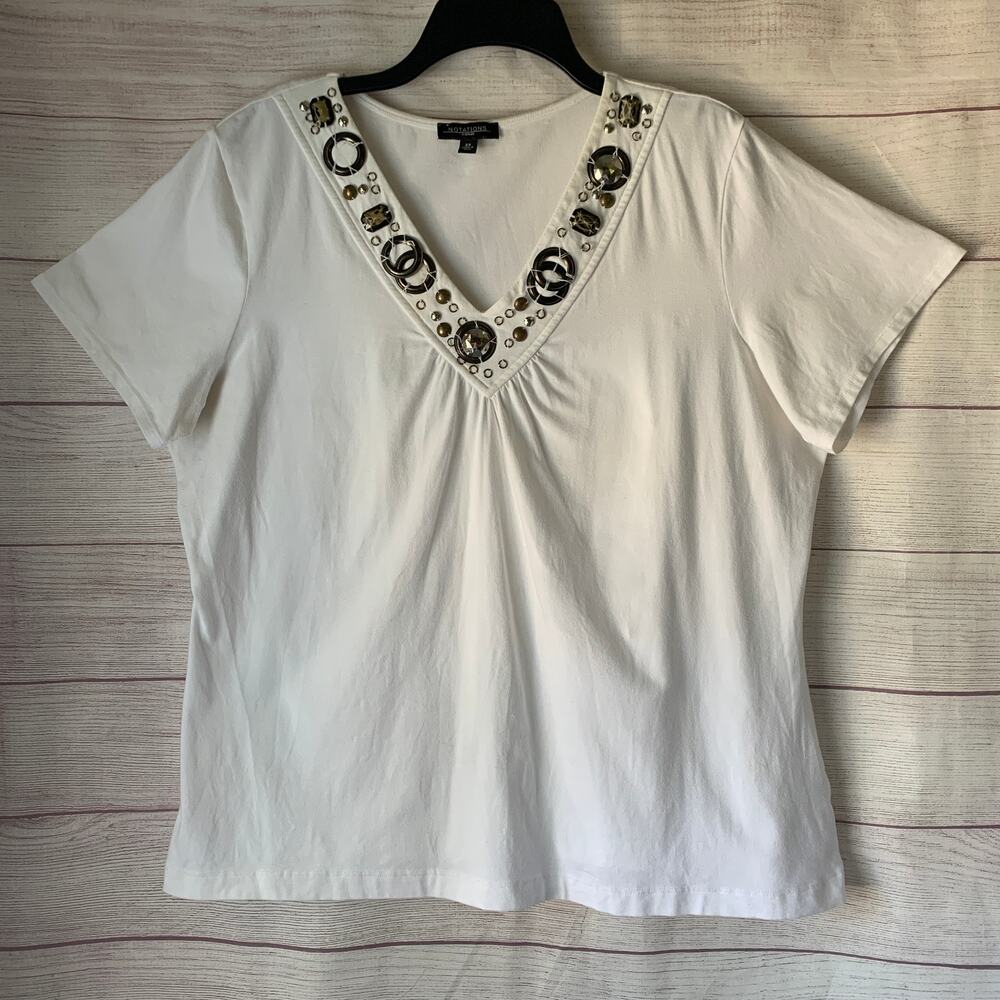 Notations White V-Neck Short Sleeve Blouse Embellished Neck Beads Metal Ring 2XL